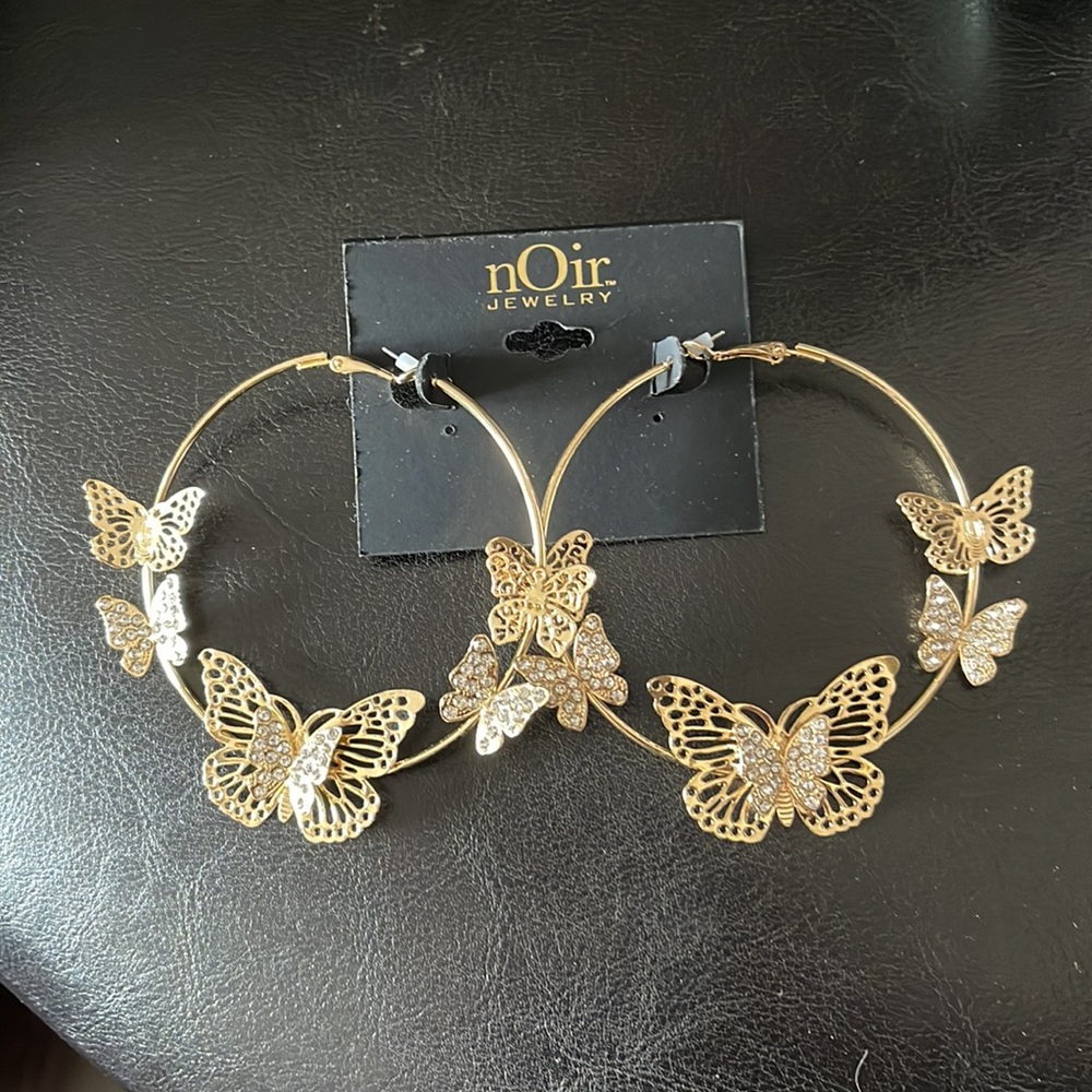 New Noir Butterfly adorned Hoops 3"